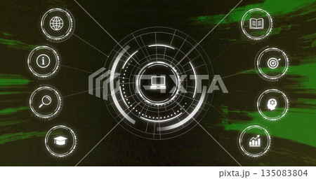 Displaying circular user interface hub glowing on futuristic screen, with laptop icon and 8 icons Displaying circular user interface hub glowing on futuristic screen, with laptop icon and 8 icons 135083804