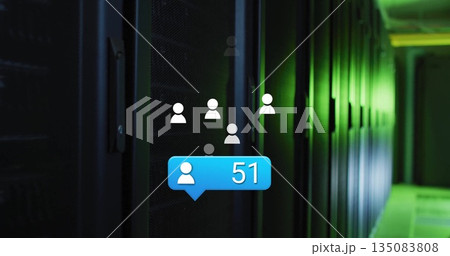 Displaying blue notification bubble pulsing on server racks in data center aisle, green LED lights Displaying blue notification bubble pulsing on server racks in data center aisle, green LED lights 135083808