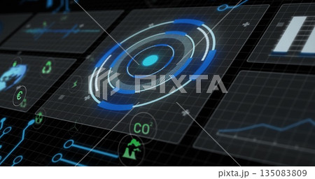 Displaying circular radar chart on grid showing data panels and CO? recycling euro factory icons Displaying circular radar chart on grid showing data panels and CO? recycling euro factory icons 135083809