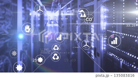 Glowing server network cabinets flashing LED lights in datacenter, with eco icons, code fragments Glowing server network cabinets flashing LED lights in datacenter, with eco icons, code fragments 135083816