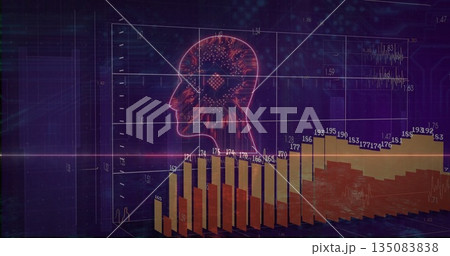 Displaying neon red wireframe head hovering on 3D grid, multicolored bar chart with numeric labels 135083838
