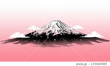 雲が流れる和風イラストの雪化粧した日本の象徴富士山美景 雲が流れる和風イラストの雪化粧した日本の象徴富士山美景 135083905