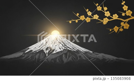 雲が流れる和風イラストの雪化粧した日本の象徴富士山美景 雲が流れる和風イラストの雪化粧した日本の象徴富士山美景 135083908