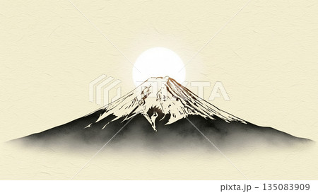 雲が流れる和風イラストの雪化粧した日本の象徴富士山美景 135083909