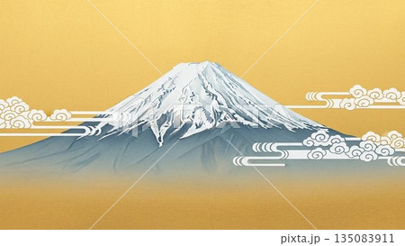 雲が流れる和風イラストの雪化粧した日本の象徴富士山美景 雲が流れる和風イラストの雪化粧した日本の象徴富士山美景 135083911