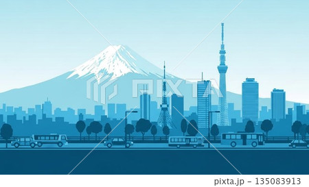 雲が流れる和風イラストの雪化粧した日本の象徴富士山美景 雲が流れる和風イラストの雪化粧した日本の象徴富士山美景 135083913