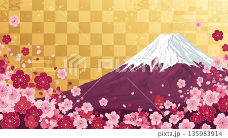 雲が流れる和風イラストの雪化粧した日本の象徴富士山美景 雲が流れる和風イラストの雪化粧した日本の象徴富士山美景 135083914