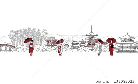 雲が流れる和風イラストの雪化粧した日本の象徴富士山美景 雲が流れる和風イラストの雪化粧した日本の象徴富士山美景 135083923