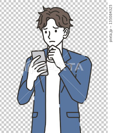 スマホを見ながら悩むオフィスカジュアルの男性 135084325