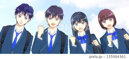 広がる青空、リュックとスクールバッグを持つ高校生または中学生の男女のアニメ風イラスト 広がる青空、リュックとスクールバッグを持つ高校生または中学生の男女のアニメ風イラスト 135084361
