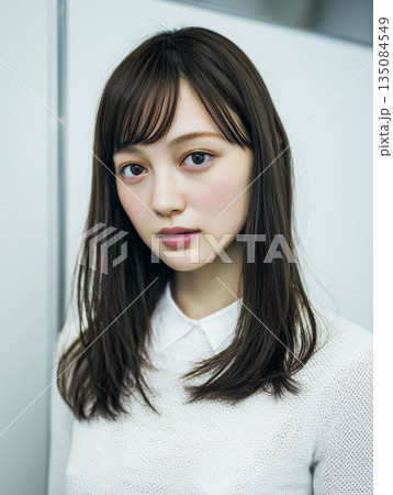 静かな存在感を放つ女性ポートレート｜白シャツと強いまなざしが印象的なミニマル表現 135084549