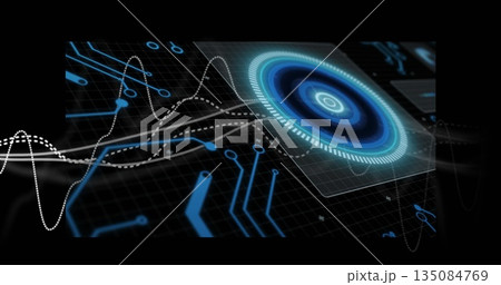 Floating holographic dial hovering over grid, connecting circuit nodes and waveforms, copy space 135084769