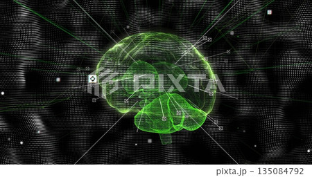 Floating green wireframe brain glowing in digital data field, with square nodes and connector lines Floating green wireframe brain glowing in digital data field, with square nodes and connector lines 135084792