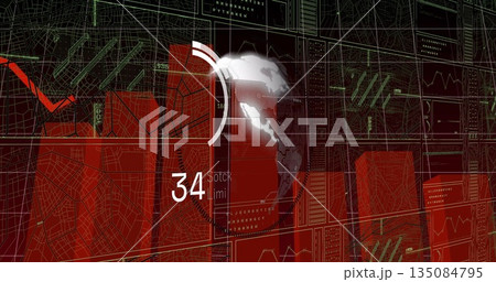 Displaying 3D globe updating data on virtual dashboard, with wireframe maps and numeric readouts Displaying 3D globe updating data on virtual dashboard, with wireframe maps and numeric readouts 135084795