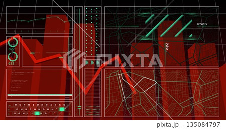 Displaying data dashboard at command center console, with line and bar charts and map overlay Displaying data dashboard at command center console, with line and bar charts and map overlay 135084797