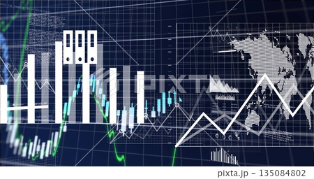 Displaying financial market analytics on dashboard, with candlestick charts, trend line, world map Displaying financial market analytics on dashboard, with candlestick charts, trend line, world map 135084802