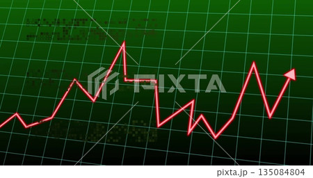 Red zigzag graph with glowing arrowhead moving across green grid on screen, showing data symbols Red zigzag graph with glowing arrowhead moving across green grid on screen, showing data symbols 135084804