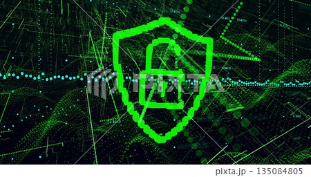 Displaying pixelated green shield with open padlock lighting grid, with glowing data points 135084805