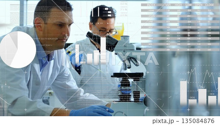 Two scientists in white lab coats and gloves adjusting microscope at lab bench, with data overlays 135084876