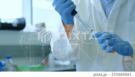 Using micropipette scientist in coat and gloves transferring sample at lab bench, with city overlay 135084881