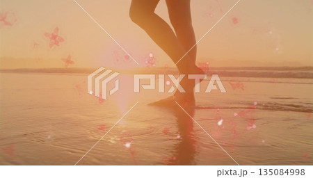 Wading woman's legs in swimwear across shallow water at sunset shore, with star-shaped flares Wading woman's legs in swimwear across shallow water at sunset shore, with star-shaped flares 135084998