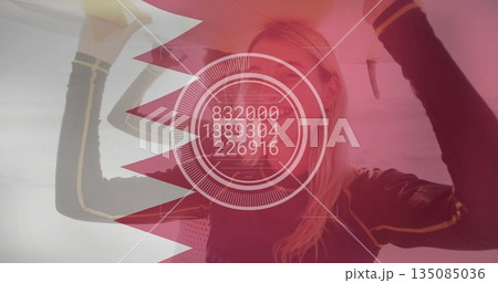 Holding yellow boxing gloves, training duo in sportswear showing HUD at gym, with flag overlay 135085036