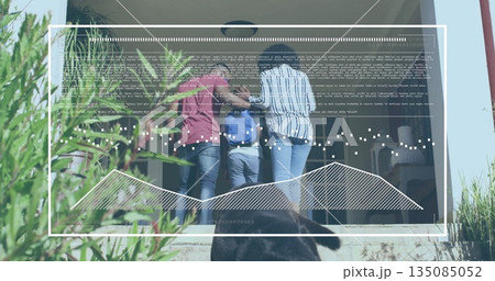Standing family wearing striped tops at open tiled porch entrance, with blue backpack, black dog 135085052