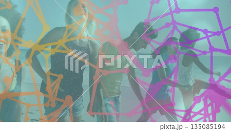 Walking seven friends in summer attire along sandy beach shore, with abstract network graphics Walking seven friends in summer attire along sandy beach shore, with abstract network graphics 135085194