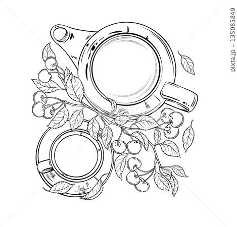 Cherry Tea in Teapot Outline Illustration. Cherry Tea in Teapot Outline Illustration. 135085849