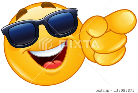 Emoticon with Sunglasses Pointing Forward 135085873