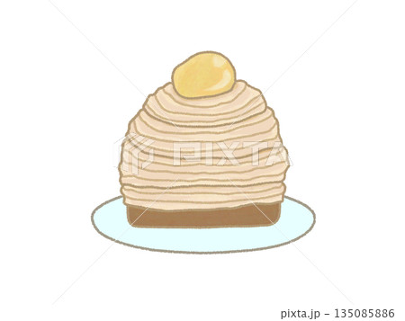 お皿に乗ったモンブランの手描きイラスト 135085886