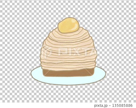 お皿に乗ったモンブランの手描きイラスト 135085886
