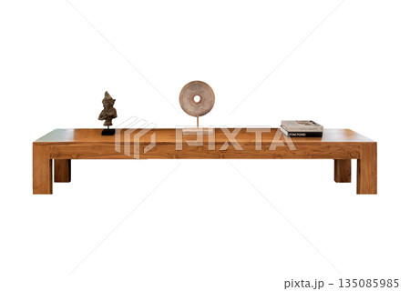 Long wooden table with sculptures placed on top. Photo on white background. Isolated object. Long wooden table with sculptures placed on top. Photo on white background. Isolated object. 135085985