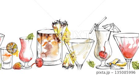 Tropical cocktail drinks, strawberry milkshake, pineapple Pina Colada, iced tea or Mai Tai, martini and Flatliner. Watercolor and ink seamless header hand drawn for menu dividers or food blog visuals. Tropical cocktail drinks, strawberry milkshake, pineapple Pina Colada, iced tea or Mai Tai, martini and Flatliner. Watercolor and ink seamless header hand drawn for menu dividers or food blog visuals. 135085996
