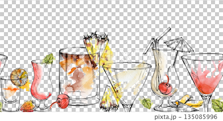 Tropical cocktail drinks, strawberry milkshake, pineapple Pina Colada, iced tea or Mai Tai, martini and Flatliner. Watercolor and ink seamless header hand drawn for menu dividers or food blog visuals. Tropical cocktail drinks, strawberry milkshake, pineapple Pina Colada, iced tea or Mai Tai, martini and Flatliner. Watercolor and ink seamless header hand drawn for menu dividers or food blog visuals. 135085996