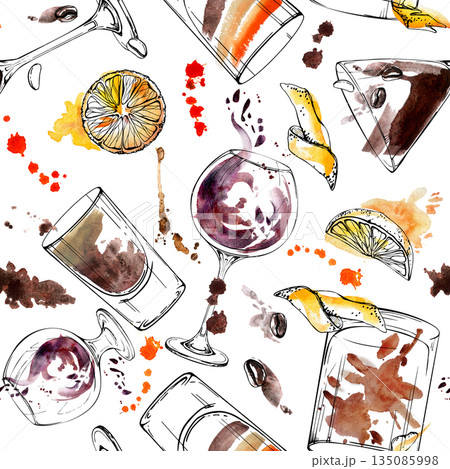 Seamless pattern of espresso martini, B-52 and beer shots, Old-fashioned or Negroni cocktail with coffee beans and orange juice splatter. Watercolor and ink hand drawn for menu, fabric or print decor. Seamless pattern of espresso martini, B-52 and beer shots, Old-fashioned or Negroni cocktail with coffee beans and orange juice splatter. Watercolor and ink hand drawn for menu, fabric or print decor. 135085998