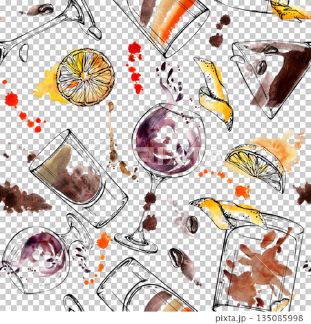 Seamless pattern of espresso martini, B-52 and beer shots, Old-fashioned or Negroni cocktail with coffee beans and orange juice splatter. Watercolor and ink hand drawn for menu, fabric or print decor. Seamless pattern of espresso martini, B-52 and beer shots, Old-fashioned or Negroni cocktail with coffee beans and orange juice splatter. Watercolor and ink hand drawn for menu, fabric or print decor. 135085998