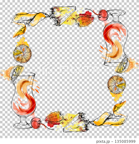 Sunset cocktail frame, tequila sunrise watercolor swirl in hurricane ink glass, with fruity frame of orange zest, pineapple wedge, strawberry and cherry berries. Hand drawn for branding and menu art. Sunset cocktail frame, tequila sunrise watercolor swirl in hurricane ink glass, with fruity frame of orange zest, pineapple wedge, strawberry and cherry berries. Hand drawn for branding and menu art. 135085999