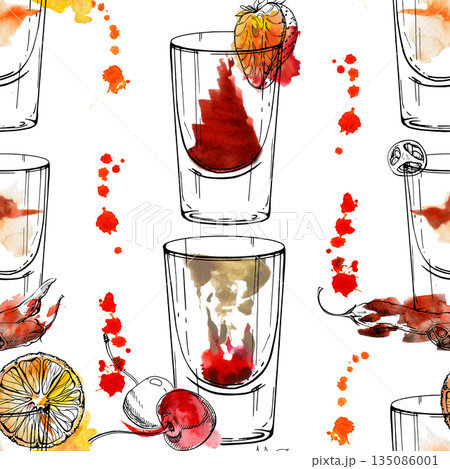 Bloody Mary, Brain Hemorrhage, tabasco Flatliner, citrus juice splatter lines, Watercolor wash and ink seamless pattern of shots hand drawn for recipe blogs, wrapping kits, digital product templates. 135086001
