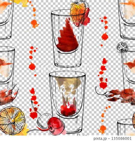 Bloody Mary, Brain Hemorrhage, tabasco Flatliner, citrus juice splatter lines, Watercolor wash and ink seamless pattern of shots hand drawn for recipe blogs, wrapping kits, digital product templates. 135086001
