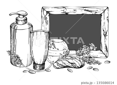 Framed vintage chalkboard, bath bomb and soap, lavender sprigs seeds, shampoo gel cream bottles. Isolated illustration hand drawn in vector ink. Spa product packaging, self-care beauty blog, wellness 135086014