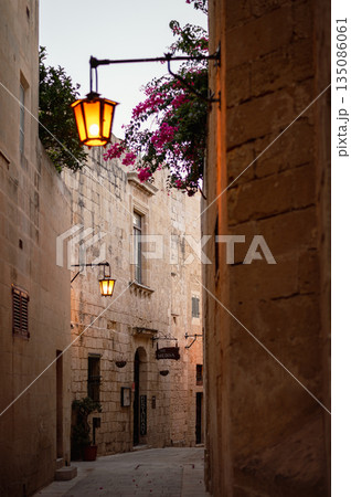 The historic streets of Valletta, lined with traditional architecture, colorful balconies, and a unique atmosphere, inviting visitors to explore its beauty. 135086061
