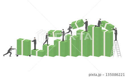 Business team building stacked cash graph for revenue growth and financial success Business team building stacked cash graph for revenue growth and financial success 135086221