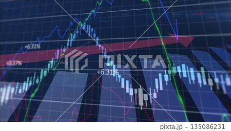 Displaying financial chart on blue grid, with candlestick bars, trend lines and red arrow Displaying financial chart on blue grid, with candlestick bars, trend lines and red arrow 135086231