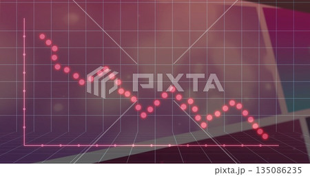Showing downward-trending pink circular markers on 3D grid in purple, with vertical horizontal axes Showing downward-trending pink circular markers on 3D grid in purple, with vertical horizontal axes 135086235
