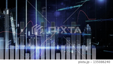 Displaying digital dashboard showing night skyline with bars, candlesticks, line graphs and labels 135086240