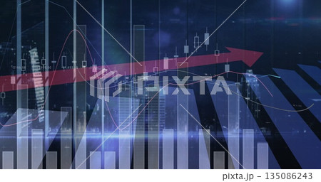 Displaying financial chart with 3D bars, candlesticks, line graphs and red arrow over lit skyline 135086243