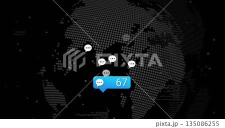 Blue chat notification bubble showing 67 floating over dotted Earth in data UI, with chat icons 135086255