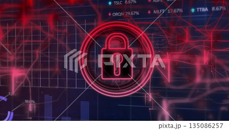 Glowing neon red padlock icon hovering at dashboard, showing network nodes, bar charts, percentages 135086257