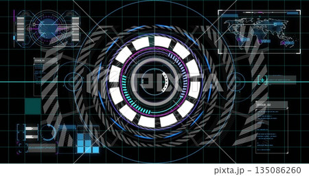 Displaying central circular reticle scanning HUD environment with grid, world map and data overlays Displaying central circular reticle scanning HUD environment with grid, world map and data overlays 135086260